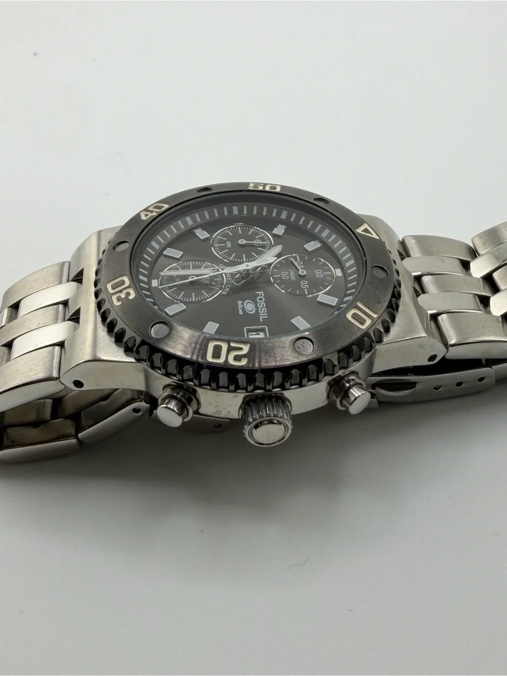 Fossil Black and Silver Stainless Steel Chronograph Watch new battery 1106